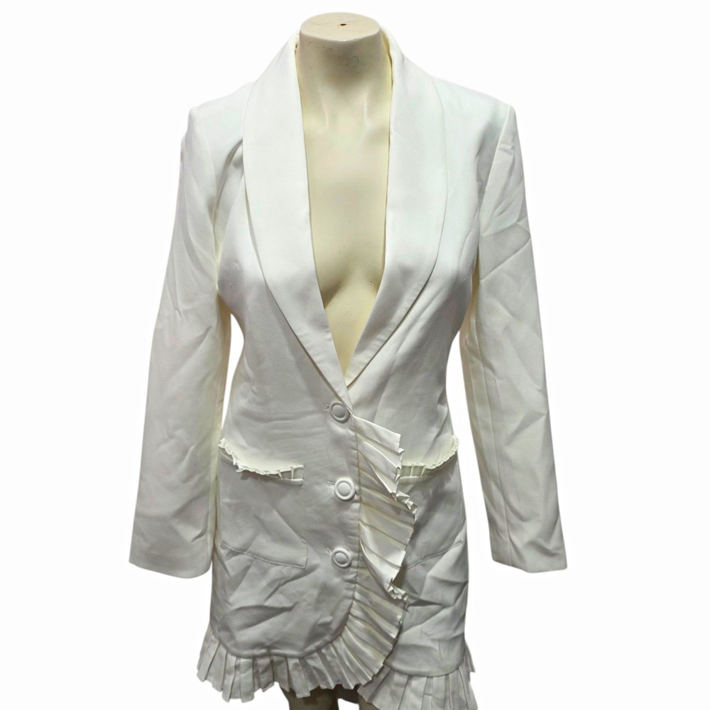 Bella Barnett White Blazer Dress M Pleated Ruffle Tuxedo Mini Bridal Jacket